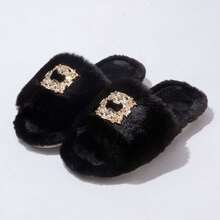 Autumn/Winter Solid Color Plush Slip-On Women's Button Decor House Slippers, Runs One Size Smaller Than Standard - Black - View 8