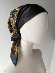 1pc Paisley Cashew Print Satin Bandana Headscarf, Elastic Slouchy Headwrap Scarf, Trimmed Women's Headscarf, Convenient Headwrap Hat Jewelry Accessories - Black - View 7