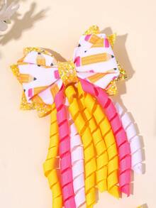 2pcs Back To School Pencil Print Glitter Bow Hair Clips, Cute Children's Hair Clips, Crocodile Clips, First Day Of School Gift, Daily Hair Accessories - Multicolor - View 6