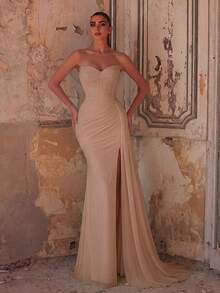 Faeriesty Elegant Women's Strapless Mesh Fabric Mermaid Ball Gown, With Ruched Bodice And Thigh Slit, Charming Long Formal Evening Dress Wedding Party Fall - Khaki - View 1