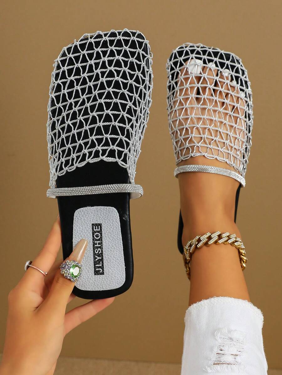 Spring Summer Fashion New Silver Hollow Out Women's Flat Sandals Mesh Breathable Casual Comfortable Soft Sole Slip-On Backless Square Toe Rhinestone Sandals