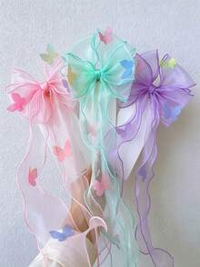 1/3Pcs Sheer Tulle Bow Long Streamer Hair Clips, Sweet Colorful Ribbon Hair Accessories, Fall Decor, School Supplies - Multicolor 3 - View 10