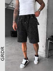 GRDR Men's Black Washed Texture Knit Drawstring Casual Shorts, Suitable For Commuting And Daily Wear - Black - View 2