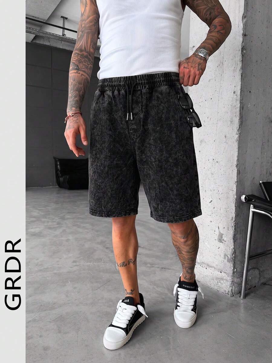 GRDR Men's Black Washed Texture Knit Drawstring Casual Shorts, Suitable For Commuting And Daily Wear