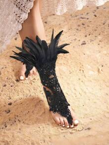 Black Lace Arm Sleeves With Faux Feather Decor, Finger Loop Gloves, Suitable For Balls And Dancing, Halloween Gothic Style Arm Sleeves (Artificial Fiber Feathers) - View 3