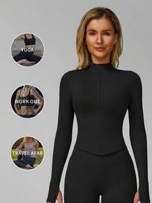 Jaket Yoga MFVIM Lembut dan Elastis, Potongan Slim Fit Lengan Panjang dengan Resleting dan Kerah Tegak - Hitam - View 6