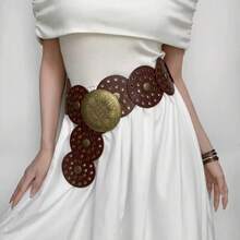 1pc Women's PU Coffee Brown Western Hollow Metal Eyelet Round Belt - Coffee - View 4