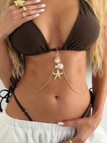 1pc Bohemian Style Sexy Starfish Shell Pearl Bikini Chain Accessory, Suitable For Beach Wear - Gold - View 3