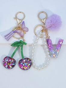 1pc Resin Starry Sky Epoxy Letter Keychain With Black Fur Ball Tassel Decor, Heart Pendant Gift For Friend And Mom - Mauve Purple - View 22