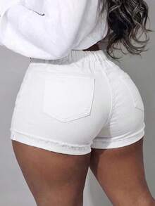 Plus Size White Denim Straight Leg Shorts, Distressed Details, Medium Stretch Fabric, Button Fly, Short Length - White - View 3