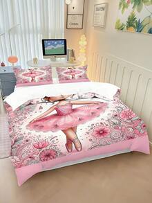 2/3PCS Kids Custom Name Pink Ballerina Floral Print Soft Polyester Wrinkle Resistant Zipper Duvet Cover Set, Cute Girly Princess Style Bedding Set For Girls Bedroom All Seasons - Multicolor - View 4