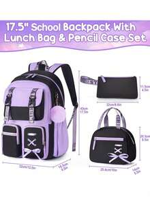 School Backpack Set For Teen, 3PCS Backpack With Lunch Bag Pencil Case, Cute Bookbag Students Back To School Bookbags Sets Travel Daypack - 紫色和黑色 - 查看 2