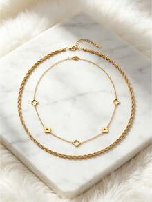 2 piezas/Set Collares de cadena larga en capas surtidos, acero inoxidable chapado en oro de 18K, trébol, cuerda retorcida, cadena de serpiente redonda, gargantilla apilable - Dorado - Ver 4