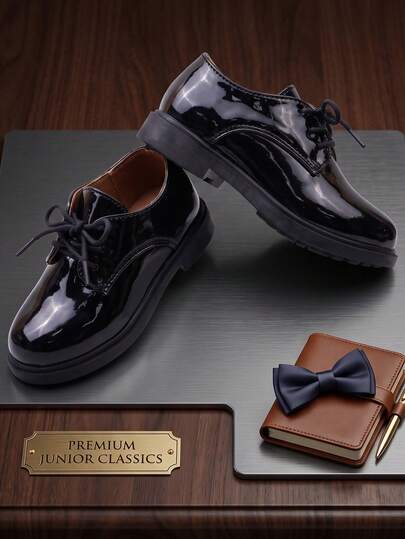 1 Pair Fashion Loafers, Shiny PU Round Toe Versatile Boys Shoes, British Style Formal Dress Shoes, Suitable For Stage Performance, Daily Wear, Party, Banquet, Date, Shopping