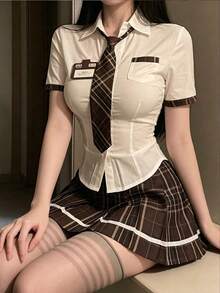 性感内衣套装，性感学生制服，JK清纯制服角色扮演 - 棕色 - 查看 8