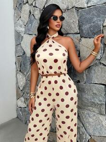 AIJ Casual Sexy Women's Polka Dot Halter Neck Gold Buckle Two Pieces Set, Backless Medium Stretch Outfit, Create A Look Vacation Elegant Summer - Yellow Base With Palm Flowers - View 4