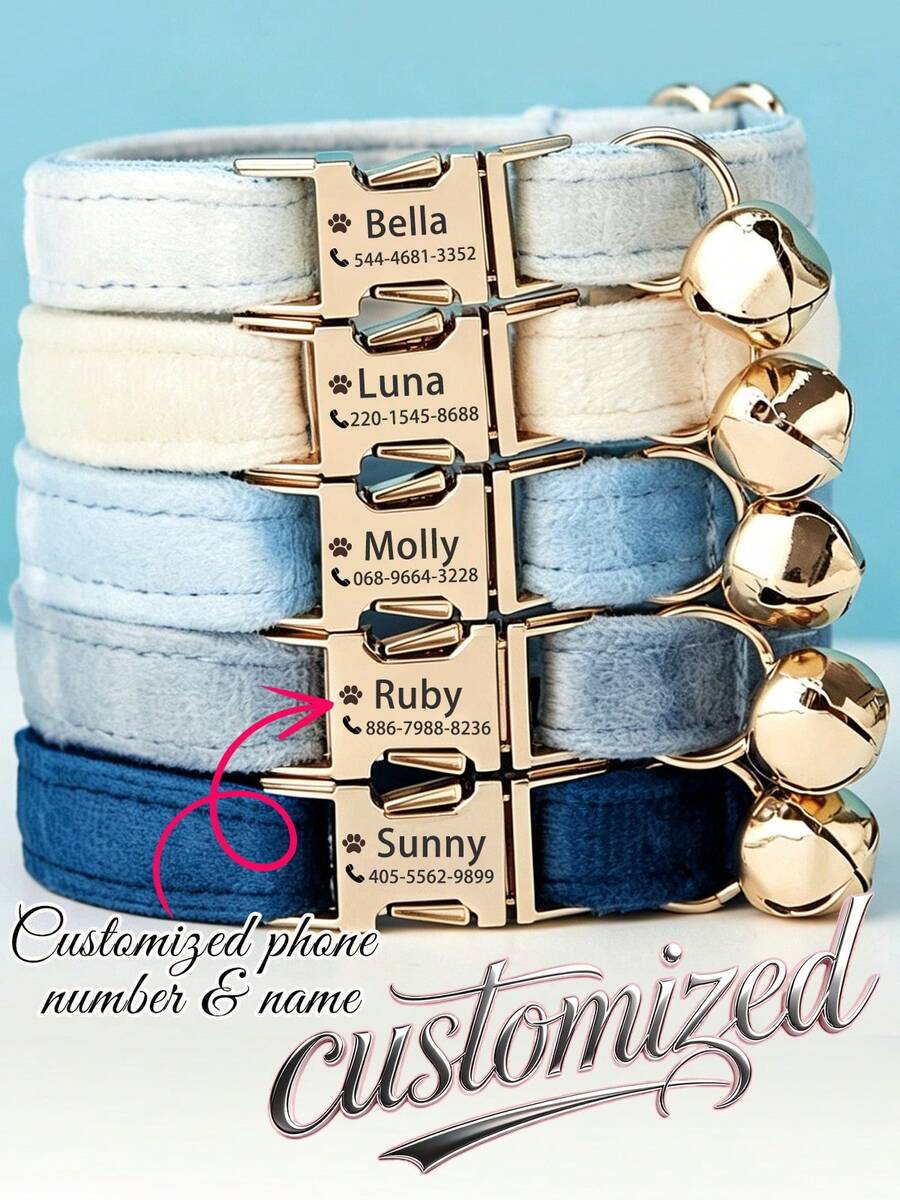 Customized: Luxury Velvet Sky Blue Personalized Cat Collar Bow Tie Leash Set, Customized Cat/Dog Name Tag, Comes With Golden Bell, Pet Engraved Gift