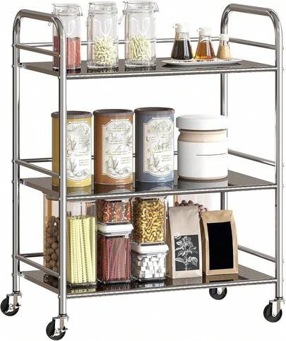 Carrello da cucina, carrello di servizio a 3 ripiani in acciaio inossidabile 201 con 3 ripiani e maniglie, carrello di stoccaggio con ruote per soggiorno, ufficio, cucina, 60 X 35 X 77, argento ISCE