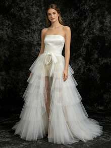 1 Pc Layered White Tulle Train Wrap Skirt Tie Waist Ruffle Tutu Overlay For Wedding Bride Evening Formal Party Dress Layering Accessory - A - View 1
