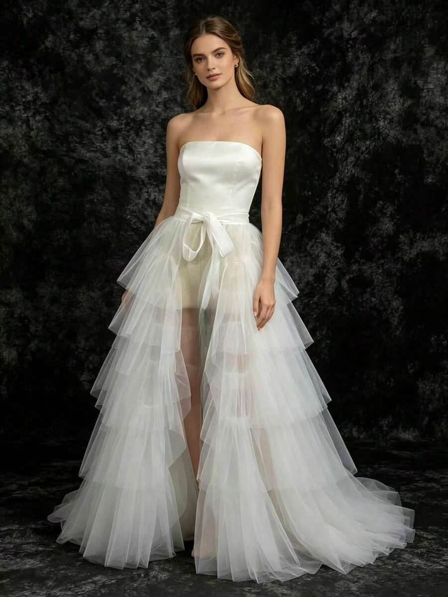 1 Pc Layered White Tulle Train Wrap Skirt Tie Waist Ruffle Tutu Overlay For Wedding Bride Evening Formal Party Dress Layering Accessory - A - View 1
