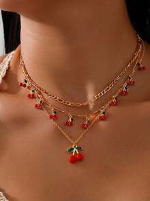 3pcs/Set Summer Sweet Cherry Pendant Necklace, Niche Design Collarbone Chain, Pastoral Style Double Layer Layered Heart Neck Chain Set - Gold - View 1
