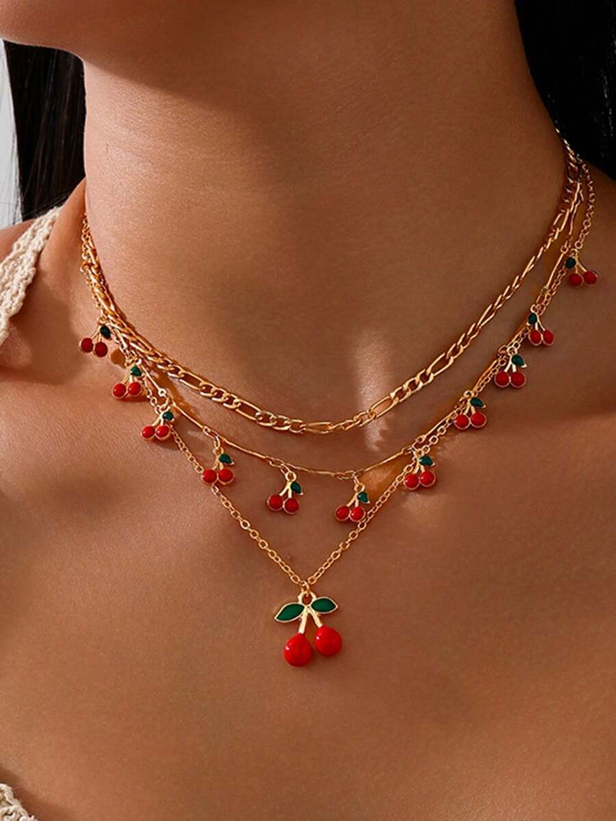 3pcs/Set Summer Sweet Cherry Pendant Necklace, Niche Design Collarbone Chain, Pastoral Style Double Layer Layered Heart Neck Chain Set - Gold - View 1