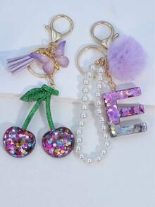1pc Resin Starry Sky Epoxy Letter Keychain With Black Fur Ball Tassel Decor, Heart Pendant Gift For Friend And Mom - Mauve Purple - View 6