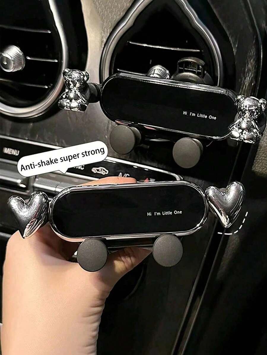 Cute Silver Heart Bear Gravity Car Phone Holder, Universal Air Vent Anti-Shake Car Navigation Bracket, Detachable Washable Upgraded PVC Car Phone Mount, Retractable Invisible Design Firm Clip-On Auto Interior Decor Phone Stand Fit All Car Models