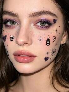 1pc Purple Glitter Butterfly Heart Skull Spider Web Face Decoration Sticker With Self-Adhesive Backing, Halloween Sweet Cool Gothic Party Atmosphere Face Makeup Sticker, Multi-Element Design For Forehead, Around Eyes, Cheeks, Easily Create Sweet Spicy Dark Niche Atmosphere Makeup - Multicolor - View 4