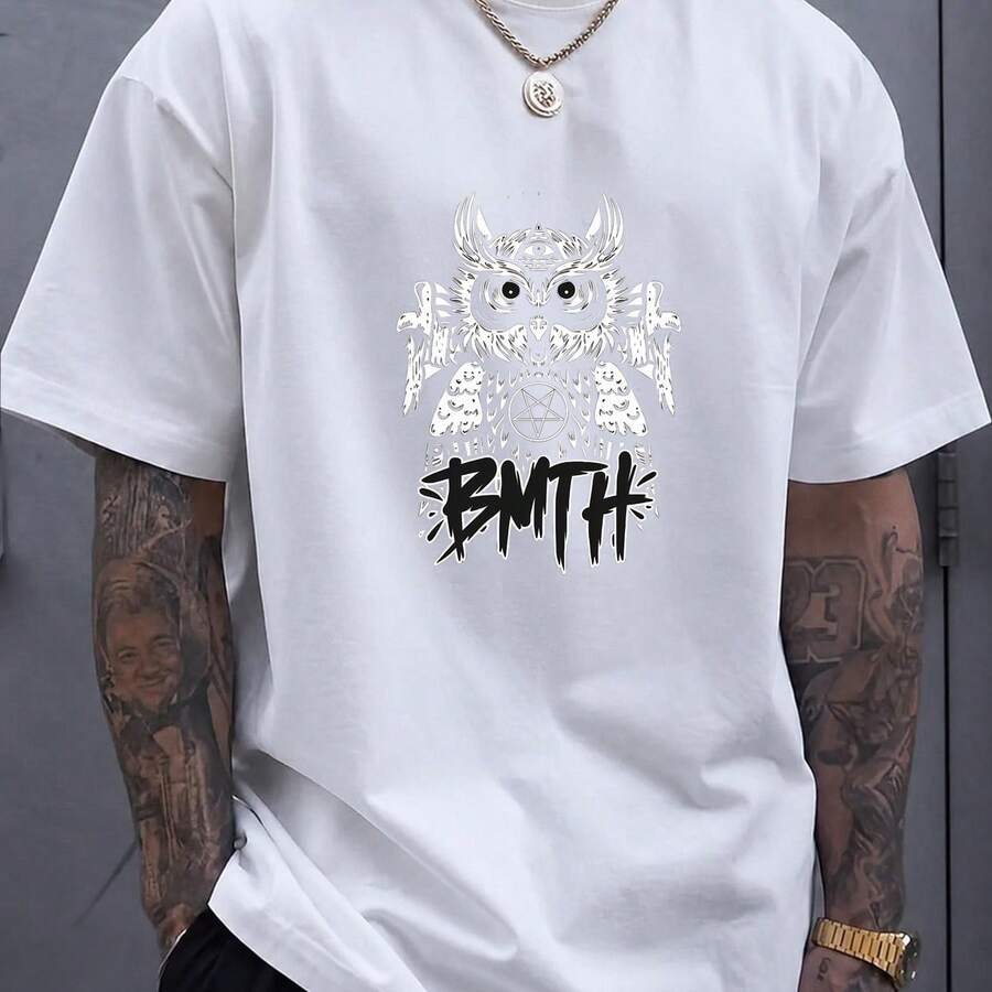 Maglietta da uomo girocollo maniche corte con stampa di gufo gotico, top casual per uso quotidiano e abbigliamento da strada - Bianco - Visualizzare 1