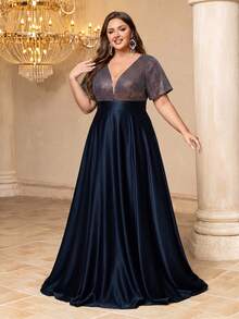 UNITHORSE V-Neck Short Sleeve Sequin Patchwork Satin Flared Formal Dress - Navy Blue - View 3