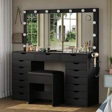 FUSOU 15 Drawers Dressing Table With Power Outlet, Makeup Vanity With  Mirror And 13 LED Lights, 3 Color Modes, Adjustable Brightness, Glass Top Vanity For Dressing Room Bedroom - Black - View 4
