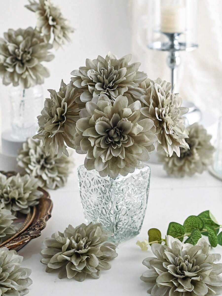 5 PCS Artificial Flowers Fake Dahlia Heads With Iron Wire Silk Peony Bouquet Bulk For Home Wedding Party Decoration Table Centerpieces - Light Ink Green - View 1