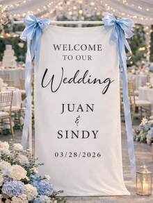 Cartel de Bienvenida de Boda Personalizado | Pancarta de Tela Vertical para Boda | Fondo Personalizado con Nombre & Fecha | Decoración Rústica para Ceremonia al Aire Libre - Multicolor - Ver 2