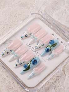 10 piezas de uñas postizas largas y reutilizables, estilo francés en rosa nude soñador y azul claro, con decoración 3D de arándano, encaje, perla, lazo y cuadros, manicura dulce y fresca de verano, adecuadas para uso diario, citas, fiestas y viajes, exquisito regalo de uñas para mujeres y niñas, uñas postizas hechas a mano - Celeste - Ver 3