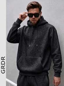 GRDR 男士秋冬休閒街頭風純色保暖內裡寬鬆連帽衛衣 - 黑色 - 查看 2