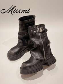 2025 New Thick Sole Platform Flared Leg Boots For Women, Autumn Retro Brown Short Knight Boots,Y2k Shoes - Black - View 2
