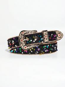 1件女款復古奢華花卉彩色亮片腰帶｜派對腰部飾品｜歐式雕花亮面金屬扣頭｜夜店時尚百搭單品 - 黑彩B - 查看 5