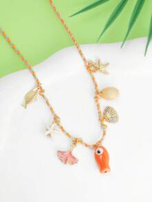 1pc Multi-Color Starfish Necklace, Beach Vacation Style Pendant, Versatile Elegant Neck Chain - Orange - View 3