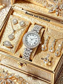 9pcs/Set Women's Classic Fashion Roman Numeral Elegant Full Rhinestone Watch + Necklace + Ring + Earrings, Exquisite Full Rhinestone Dial, Adjustable Strap, Quartz Watch, Suitable For Daily Wear, Perfect Gift For Female Friends Or Family - Silver - View 2