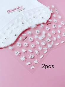 2pcs 5D Embossed Rhinestone Nail Sticker, Nails, DIY Decoration, Featuring White Snow Mowing, Aurora Iridescent Pink Purple Flowers, And Butterfly Patterns, Suitable For Creating Sweet, Dreamy, And Gentle Wedding Nail Art In Summer Nail Stickers - Multicolor - View 5