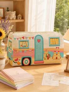Campus Style Beach Bus Pattern Pencil Case/Stationery Storage Bag - Multi-Functional Large Capacity Design, Can Be Used To Store Office Supplies, Creative Multi-Functional Pencil Box Or Portable Travel Makeup Bag, Suitable For Students And Adults Daily Use, Meets Stationery Storage, Daily Organization, Overnight Travel, Vacation And Gym Storage Needs, Essential Dorm Room Item For Back To School (2D Pattern, Not Embroidered) - Multicolor - View 3