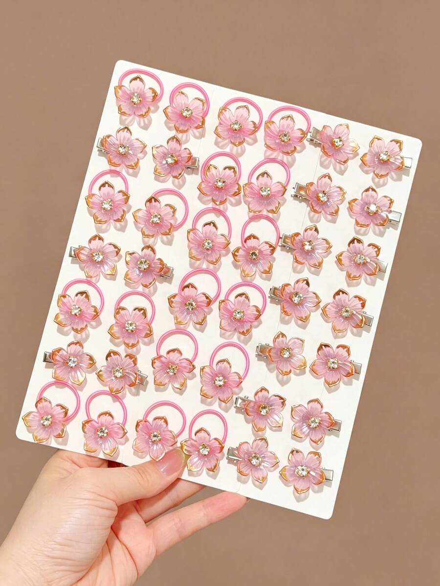 20 Stücke Mädchen Rosa Blumen Strass Harz Haarspangen, einfache süße Haargummis, Gummibänder, Haarzubehör Set, Schülergeschenk, für den täglichen Gebrauch - Pink - Übersicht 1