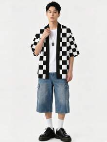Black And White Plaid Print Casual Kimono Cardigan Sun Protection Shirt, Machine Washable, Fashionable And Versatile - Black - View 5