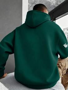 Men's Autumn/Winter Casual Fashion Versatile Daily Commute Minimalist Letter Slogan Print Kangaroo Pocket Drawstring Hooded Sweatshirt - Green - View 2