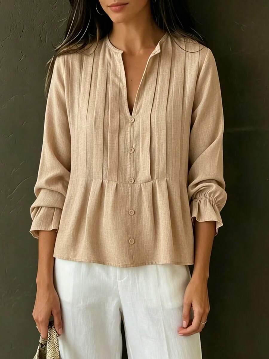 Atasan Kasual Polos Leher V Lengan 3/4 Bergaris untuk Pakaian Rumah - Khaki - View 1