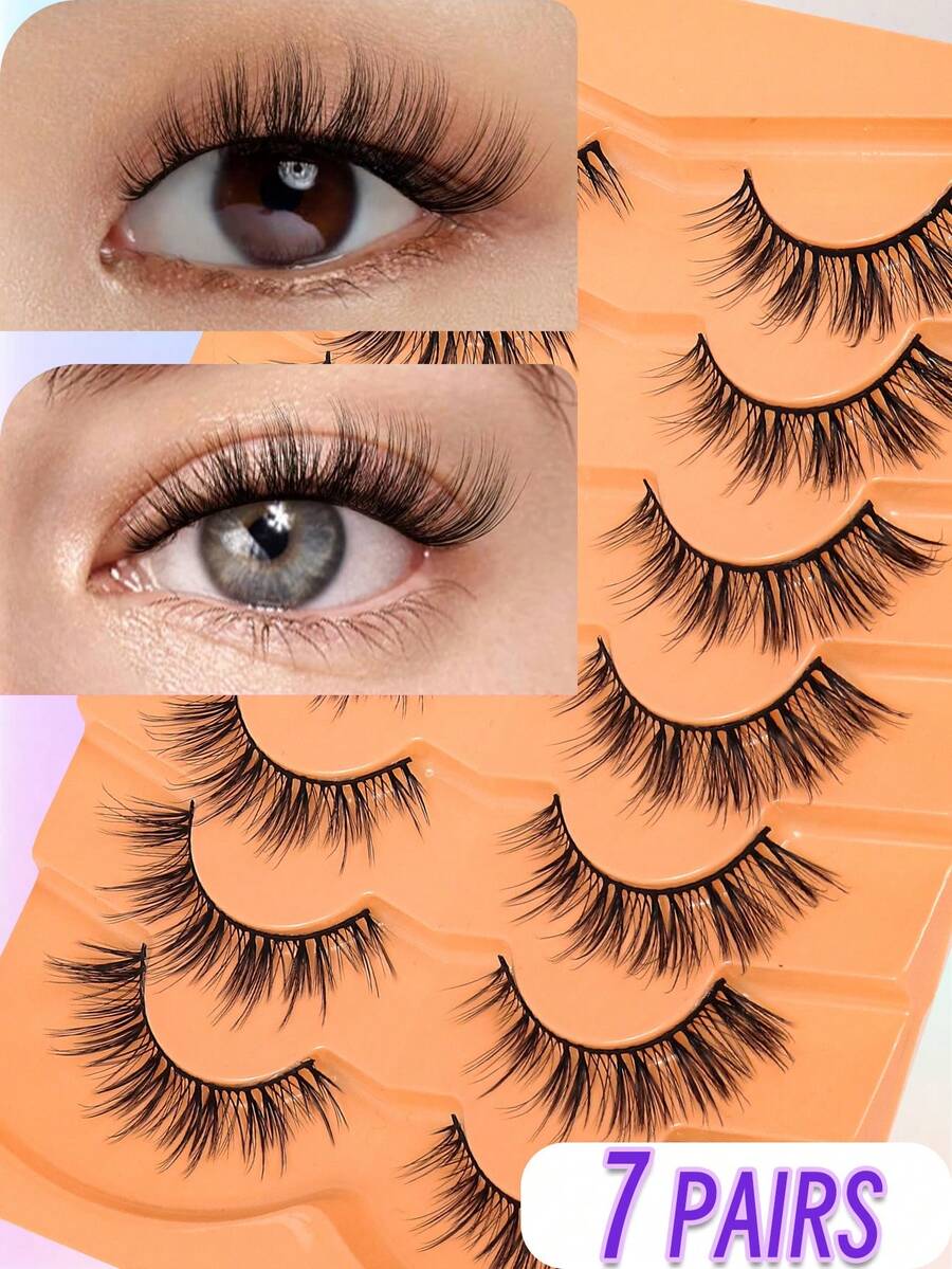 7 Pairs False Eyelashes,Natural Look Fake Eyelashes Strip False Lashes - Black - View 1