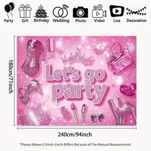 1pc Pink Glitter Party Backdrop Banner With "Let's Go Party" Text, High Heels And Crown Design - Durable Shiny Decoration For Birthday, Photo Booth, Indoor And Outdoor Celebrations - Multicolor - View 2