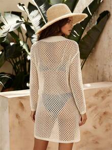 Solid Knit Mini Beachdress 2026 Women's Chic Summer Wear Sexy Hollow Out Long Sleeve Holiday Loose Beachwear Seaside Vacation Outfit Swimsuit Cover Up - Khaki - View 2