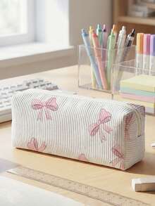 1pc Pencil Case, Stationery Storage Bag, Corduroy Material Bowknot Print Large Capacity Pencil Case For Teenagers, Multi-Function, First Day Of School - Multicolor - View 8